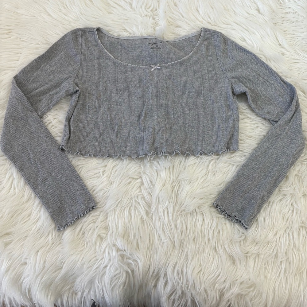 Out From Under Grey Lettuce Hem Long Sleeve Crop Top